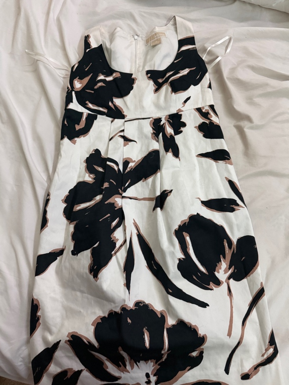 Michael Kors White Midi Dress with Black and Taupe Floral Print